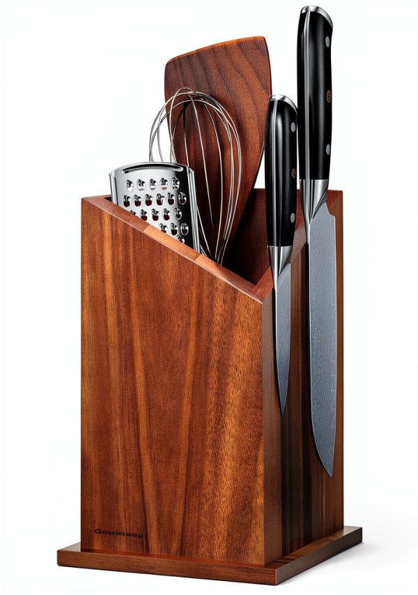 Magnetic Knife Holder Gourmetop Acacia Wood Block with Utensil Storage-0
