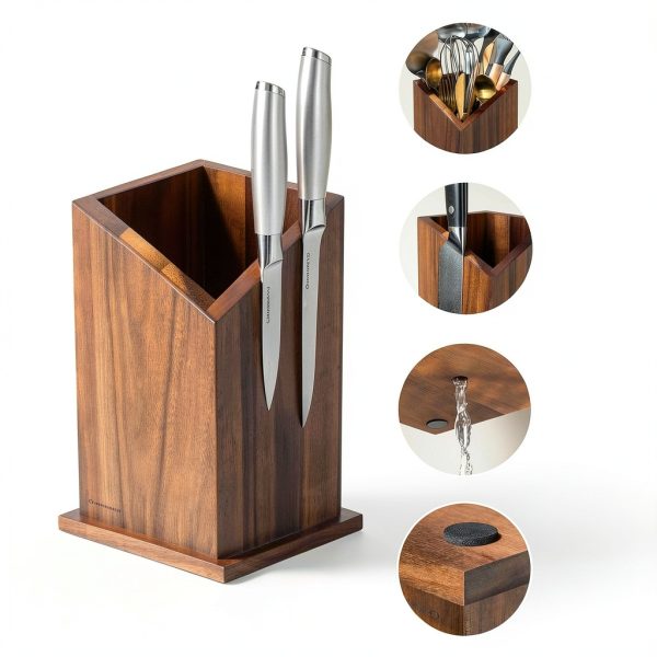 Magnetic Knife Holder Gourmetop Acacia Wood Block with Utensil Storage-5