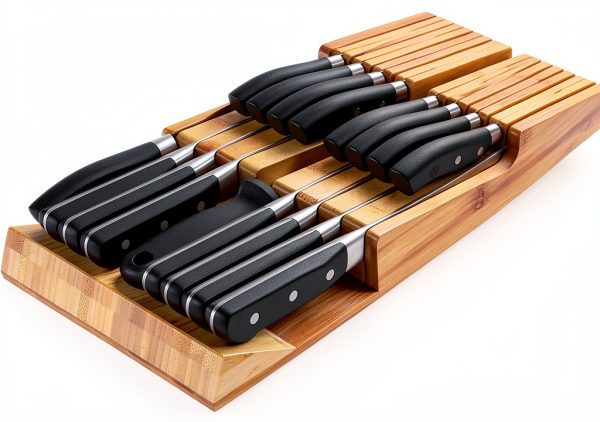 NIUXX Bamboo In-Drawer Knife Block Set for 16 Knives(Not Included), Large Kitchen Detachable Washable Cutlery Slot Organizer Storage Holder for Sharpening Steel and Cutter-0