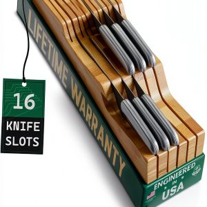 Bamboo Knife Block by Bellemain – 16 Slot Drawer Organizer, Brown-0
