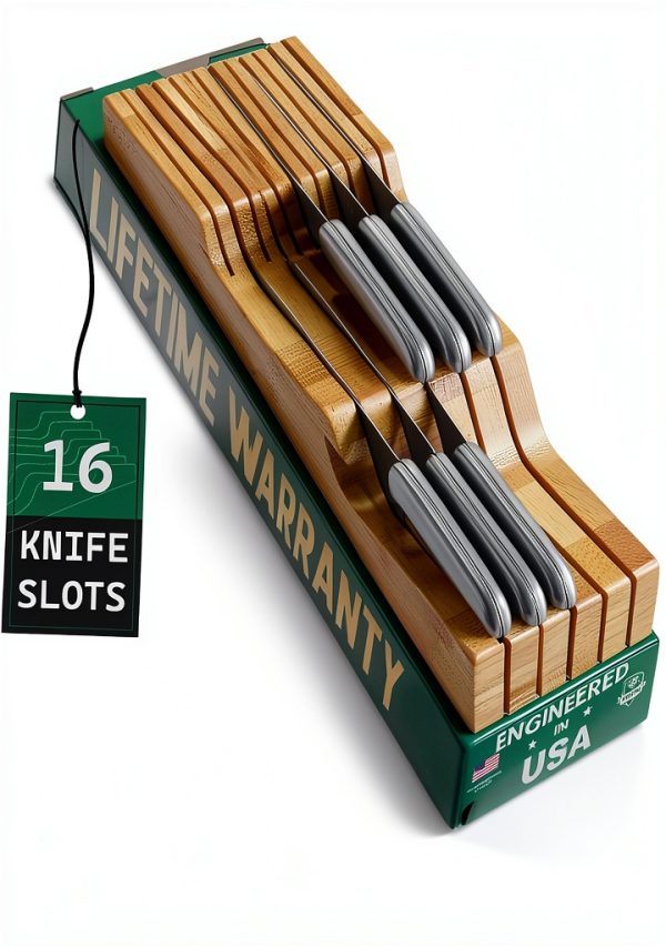 Bamboo Knife Block by Bellemain – 16 Slot Drawer Organizer, Brown-0