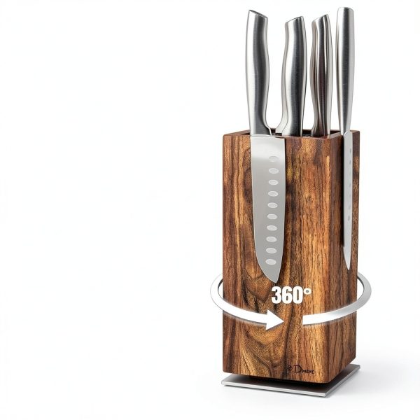 Magnetic Knife Block Dmore 360° Rotatable Acacia Wood Stand-2