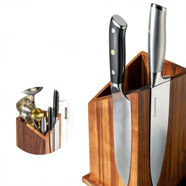 Magnetic Knife Holder Gourmetop Acacia Wood Block with Utensil Storage-4