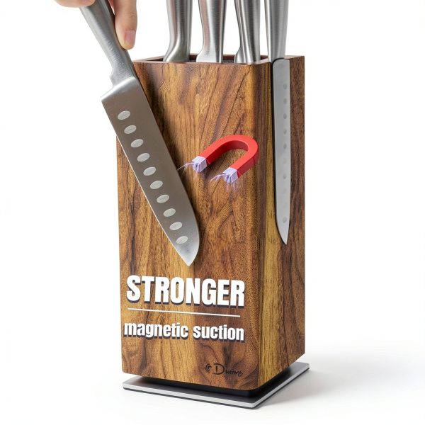 Magnetic Knife Block Dmore 360° Rotatable Acacia Wood Stand-3